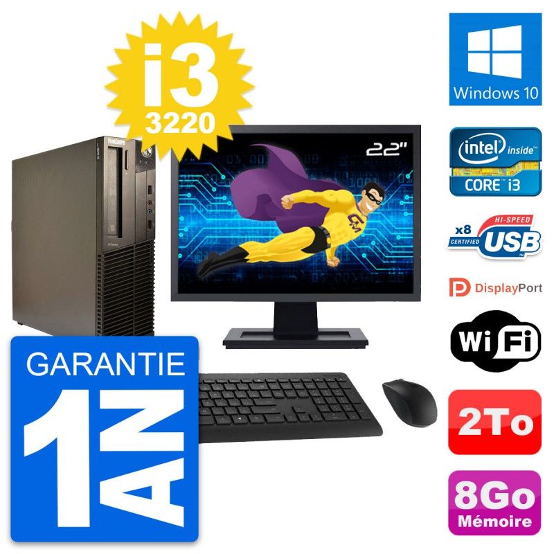 Lenovo M82 SFF Desktop PC - 22" Screen, Intel i3-3220, 8GB RAM, 2TB HDD, Windows 10, WiFi
