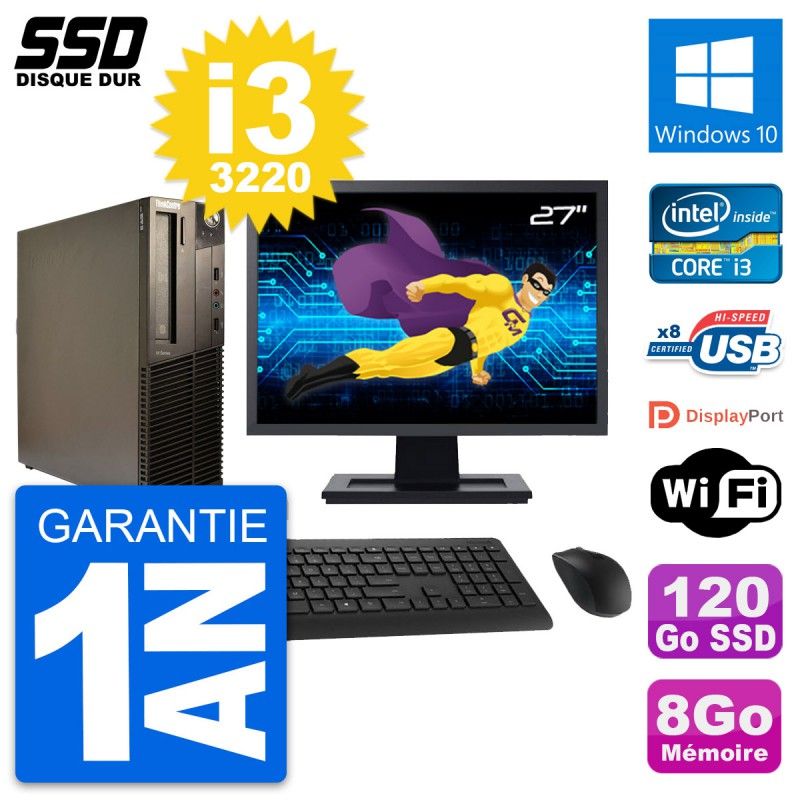 Lenovo M82 SFF Desktop Computer - 27" Screen, Intel Core i3-3220, 8GB RAM, 120GB SSD, Windows 10, WiFi