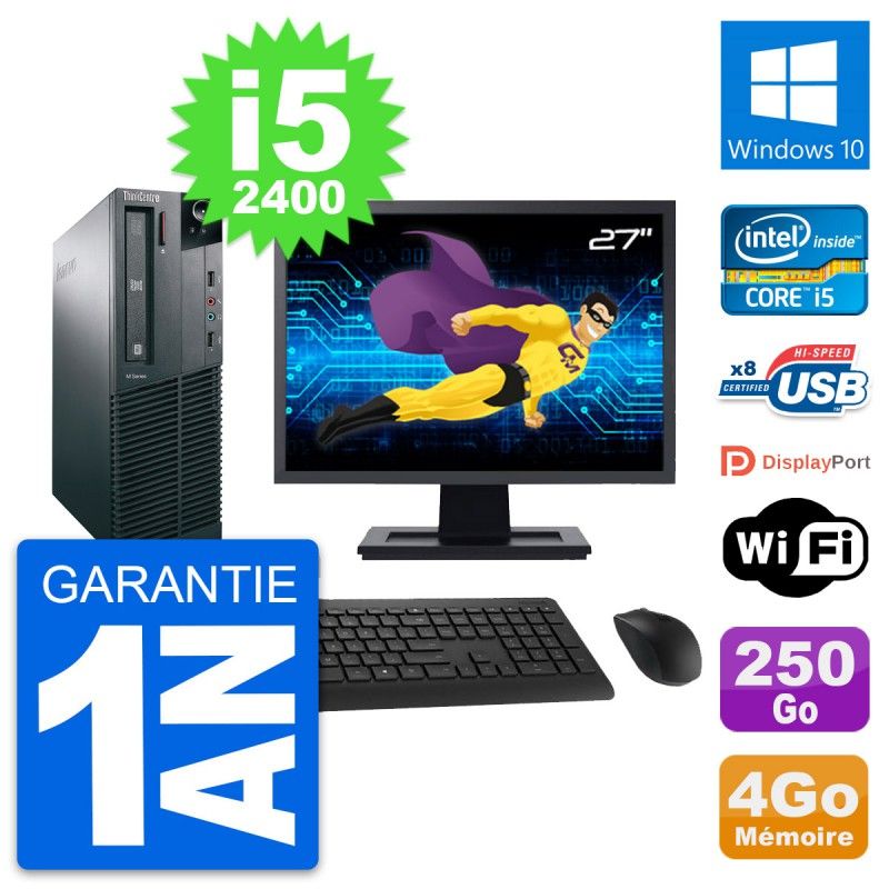Ordinateur de bureau Lenovo M82 SFF - Écran 27", Processeur Intel i5-2400, 4 Go de RAM, Disque dur 250 Go, Windows 10, Wi-Fi