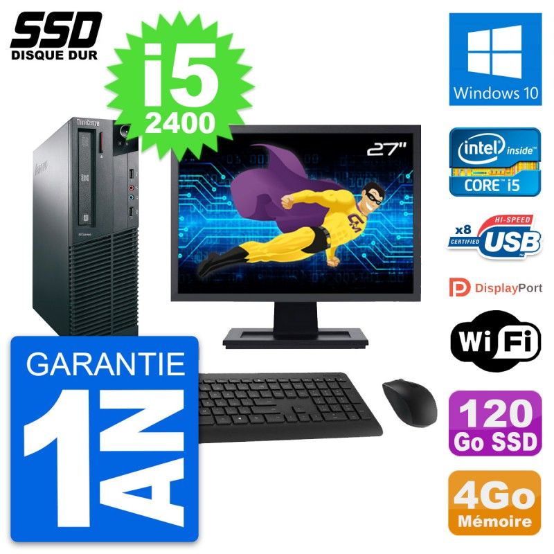 Lenovo M82 SFF Desktop Computer - 27" Screen, Intel Core i5-2400, 4GB RAM, 120GB SSD, Windows 10, WiFi