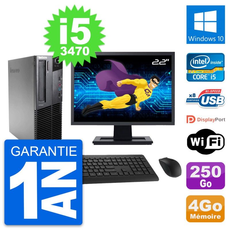 Lenovo M82 SFF Desktop Computer - 22" Screen, Intel i5-3470, 4GB RAM, 250GB HDD, Windows 10, WiFi