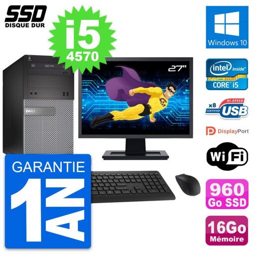 Dell OptiPlex 3020 Desktop Computer, 27" Screen, Intel i5-4570, 16GB RAM, 960GB SSD, Windows 10, WiFi