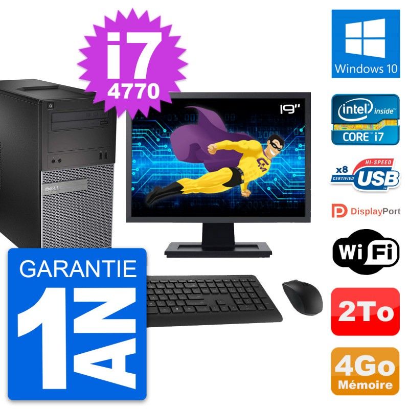 Ordinateur de bureau Dell OptiPlex 3020 - Écran 19'', Intel Core i7-4770, 4 Go de RAM, Disque dur 2 To, Windows 10, Wifi