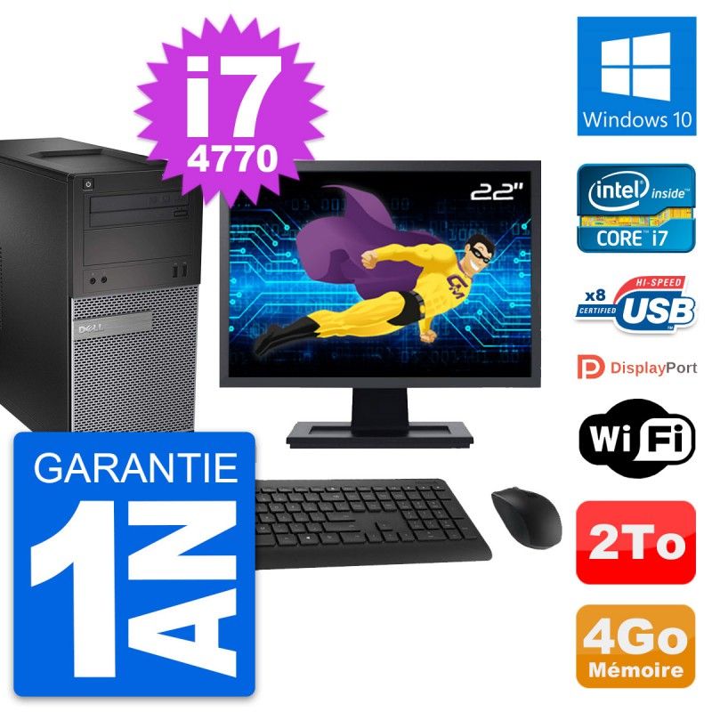 Ordinateur de bureau Dell OptiPlex 3020, écran 22'', processeur Intel i7-4770, 4 Go de RAM, disque dur 2 To, Windows 10, WiFi