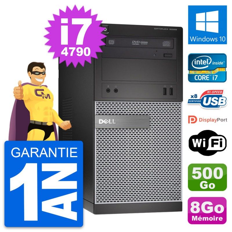 Ordinateur de bureau Dell OptiPlex 3020 - Processeur Intel i7-4790, 8 Go de RAM, Disque dur 500 Go, Windows 10, WiFi