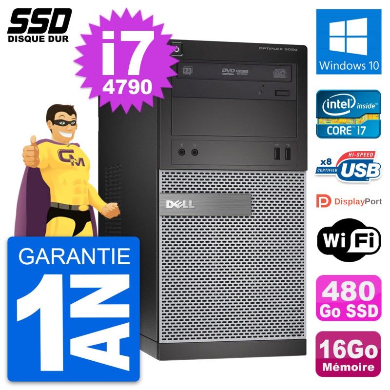 Ordinateur de bureau Dell OptiPlex 3020 - Processeur Intel Core i7-4790, 16 Go de RAM, 480 Go SSD, Windows 10, WiFi