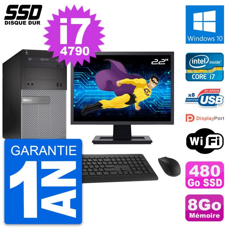 Dell OptiPlex 3020 Tower PC - 22" Screen, Intel Core i7-4790, 8GB RAM, 480GB SSD, Windows 10, WiFi