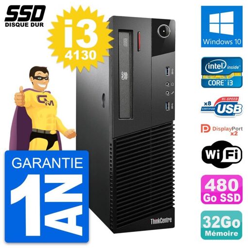 Lenovo ThinkCentre M93p SFF Desktop PC - Intel i3-4130, 32GB RAM, 480GB SSD, Windows 10, Wifi