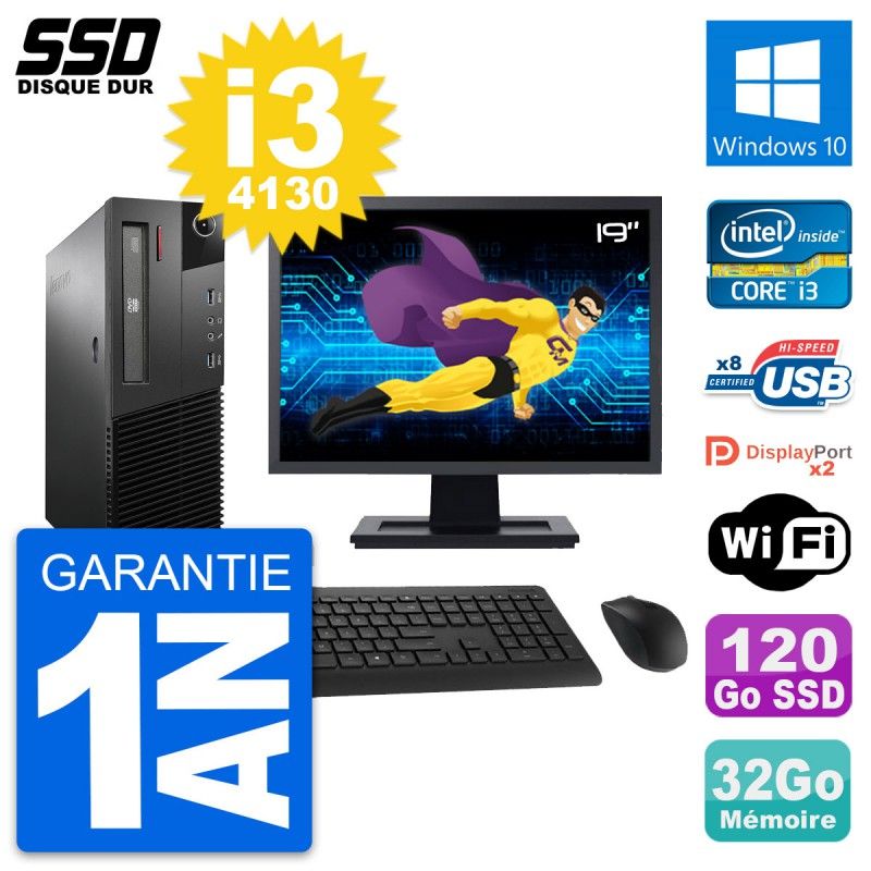 Lenovo M93p SFF Desktop Computer, 19" Screen, Intel i3-4130, 32GB RAM, 120GB SSD, Windows 10, WiFi