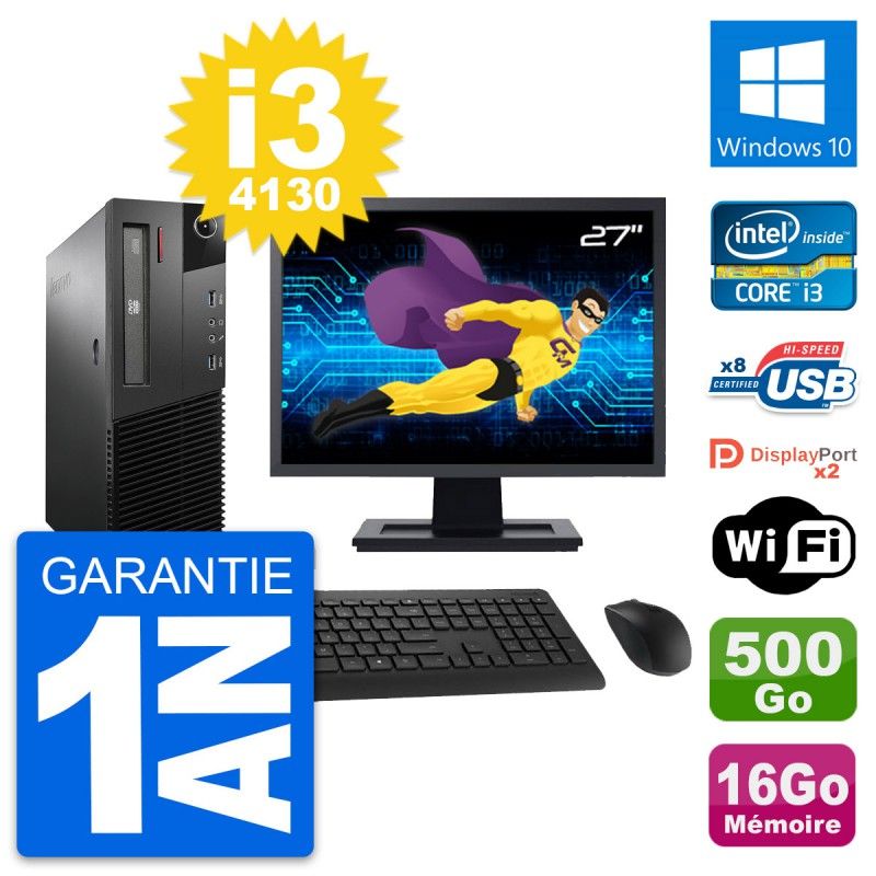 Lenovo M93p SFF 27" Screen, Intel i3-4130, 16GB RAM, 500GB Disk, Windows 10, WiFi