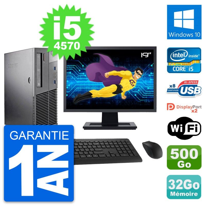 Lenovo M93p SFF Computer - 19" Screen, Intel i5-4570, 32GB RAM, 500GB Disk, Windows 10, WiFi