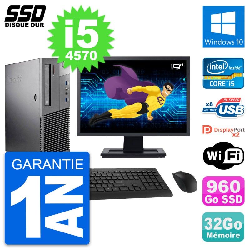 Lenovo M93p SFF Desktop Computer, 19" Screen, Intel i5-4570, 32GB RAM, 960GB SSD, Windows 10, WiFi