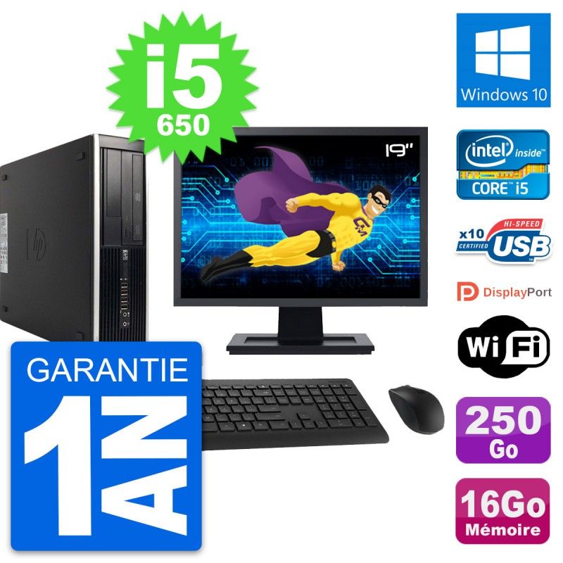 Ordinateur de bureau HP 8100 SFF | Écran 19'' | Intel Core i5-650 | 16 Go RAM | Disque dur 250 Go | Windows 10 | Wi-Fi