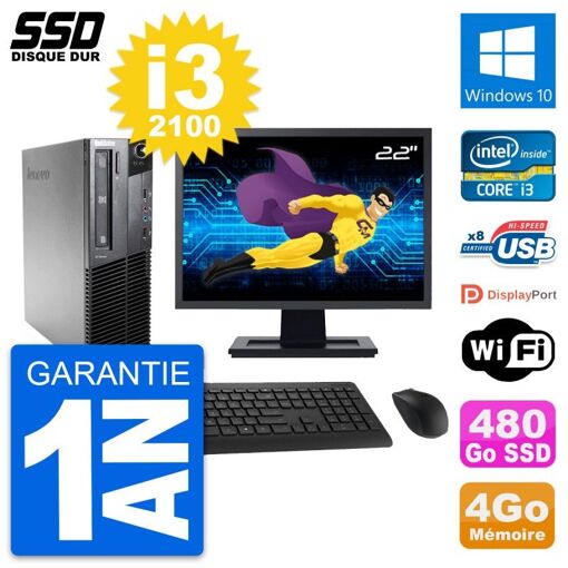 Computadora de escritorio Lenovo M81 SFF - Pantalla de 22", Procesador Intel Core i3-2100, 4 GB de RAM, 480 GB SSD, Windows 10, Wifi