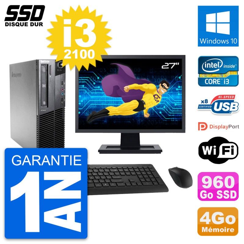 Ordenador de sobremesa Lenovo M81 SFF, pantalla de 27', procesador Intel Core i3-2100, 4 GB de RAM, 960 GB SSD, Windows 10, WiFi