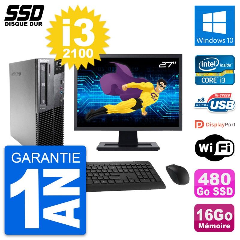 Computadora Lenovo M81 SFF - Pantalla de 27', Intel i3-2100, 16GB de RAM, 480GB SSD, Windows 10, Wifi