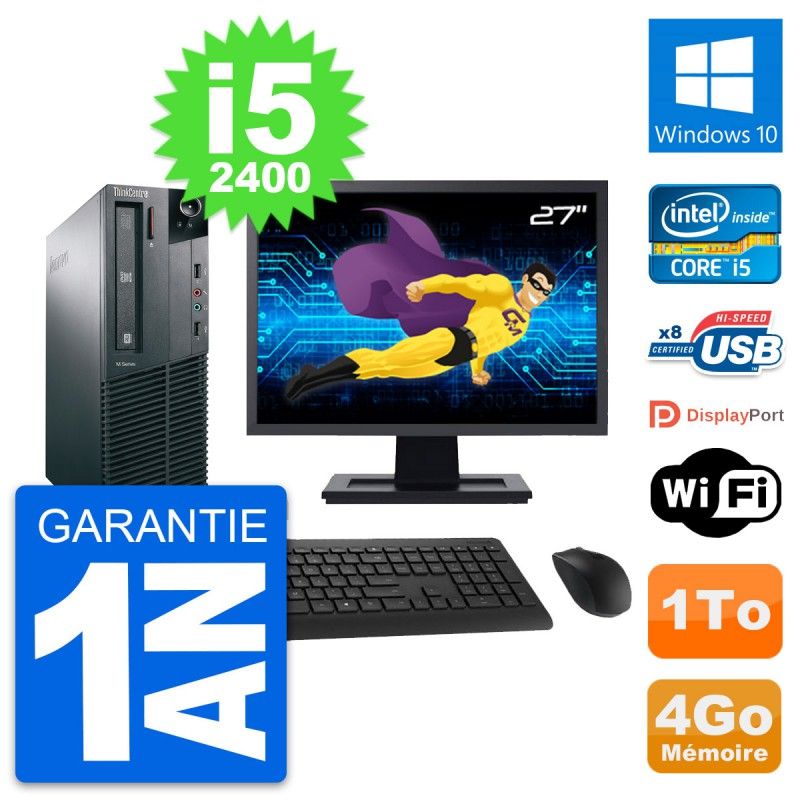 PC Lenovo M81 SFF - Pantalla de 27', Intel i5-2400, 4GB RAM, Disco duro de 1TB, Windows 10, WiFi