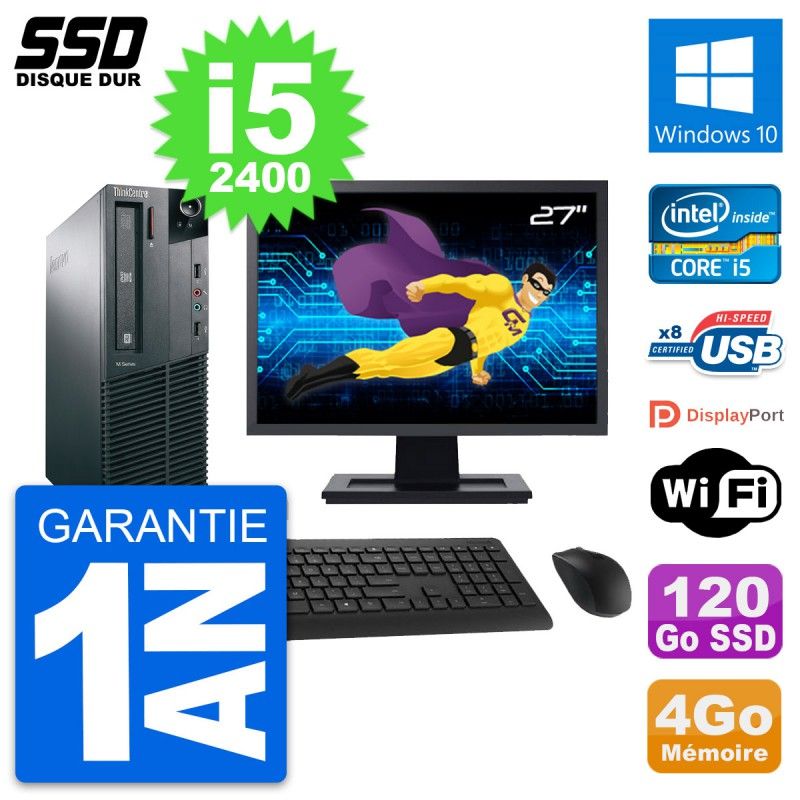 Lenovo M81 SFF Desktop Computer - 27" Screen, Intel Core i5-2400, 4GB RAM, 120GB SSD, Windows 10, WiFi