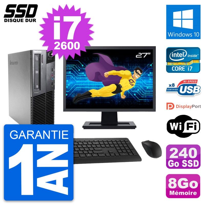 Lenovo M81 SFF Desktop Computer - 27" Display, Intel Core i7-2600, 8GB RAM, 240GB SSD, Windows 10, Wifi