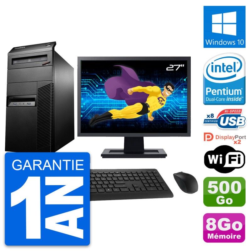 Lenovo M93p Mid Tower PC - 27" Display, Intel G3220, 8GB RAM, 500GB HDD, Windows 10, WiFi