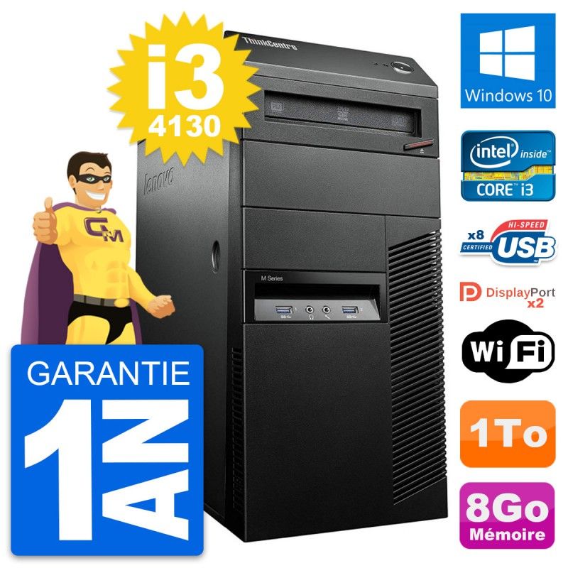 Ordinateur de bureau Lenovo ThinkCentre M93p - Processeur Intel i3-4130, 8 Go de RAM, 1 To HDD, Windows 10, Wi-Fi