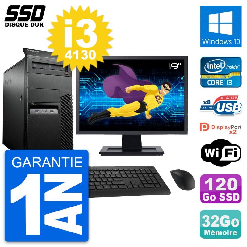 Lenovo M93p 19" PC Tower - Intel i3-4130, 32GB RAM, 120GB SSD, Windows 10, WiFi