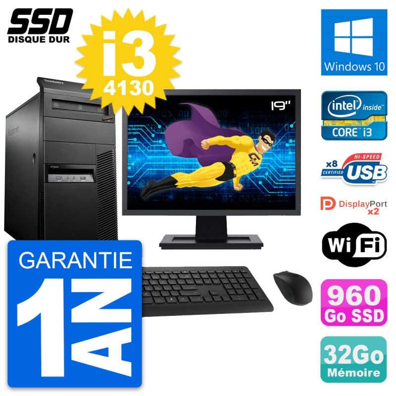 Lenovo M93p 19" PC Tower - Intel i3-4130, 32GB RAM, 960GB SSD, Windows 10, WiFi