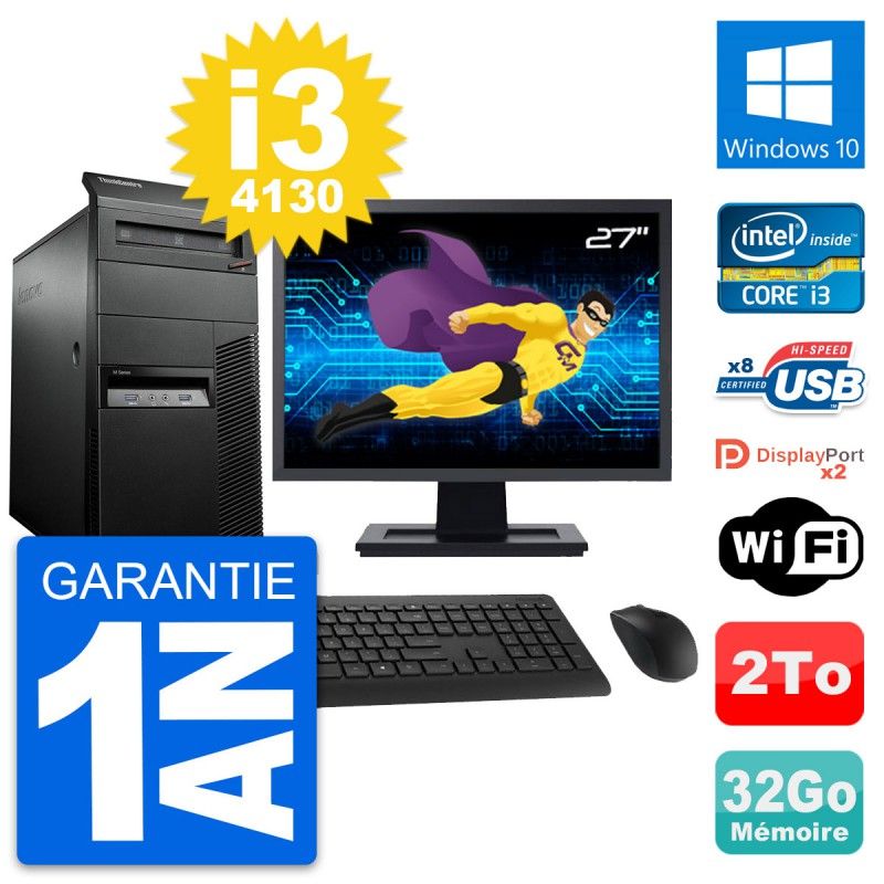 Ordinateur de bureau Lenovo M93p, écran 27'', processeur Intel i3-4130, 32 Go de RAM, disque dur 2 To, Windows 10, Wi-Fi