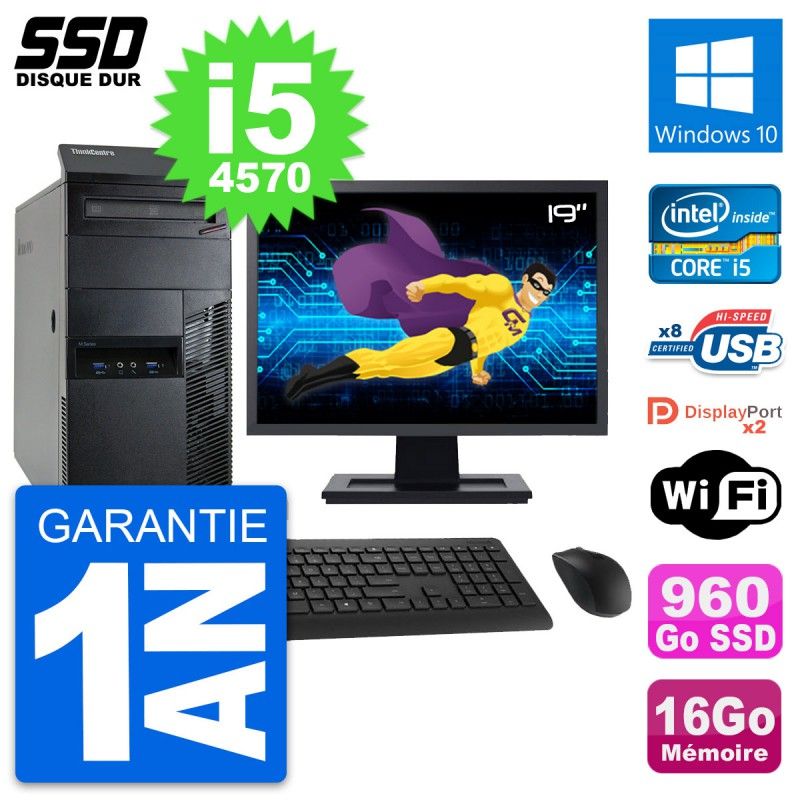 Lenovo M93p 19-inch PC Tower - Intel i5-4570, 16GB RAM, 960GB SSD, Windows 10, WiFi