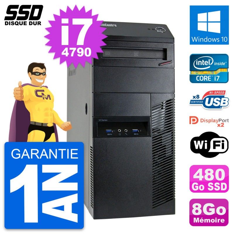 Lenovo ThinkCentre M93p Desktop PC - Intel i7-4790, 8GB RAM, 480GB SSD, Windows 10, WiFi