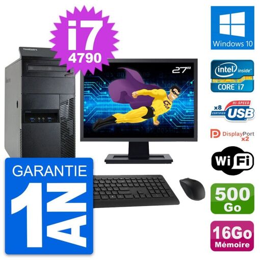 Lenovo M93p Desktop Computer - 27" Screen, Core i7-4790, 16GB RAM, 500GB HDD, Windows 10