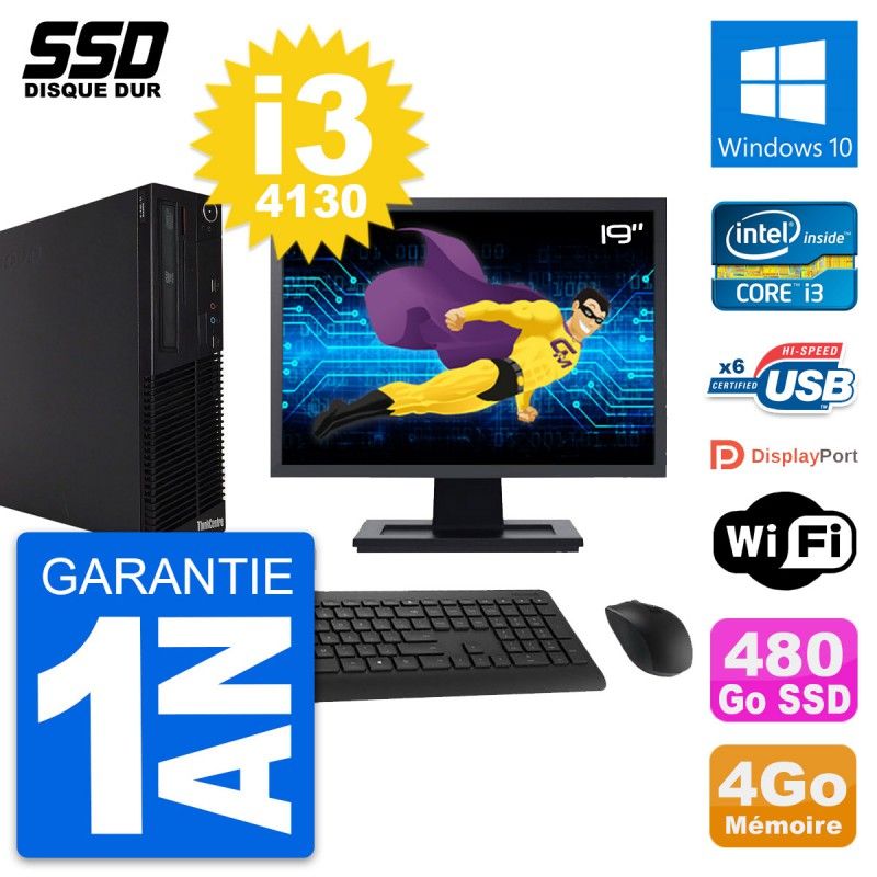 Lenovo M73 SFF Desktop Computer, 19" Screen, Intel i3-4130, 4GB RAM, 480GB SSD, Windows 10, Wifi