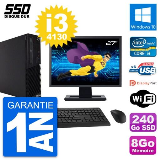 Lenovo M73 SFF Desktop Computer - 27" Screen, Intel i3-4130, 8GB RAM, 240GB SSD, Windows 10, WiFi