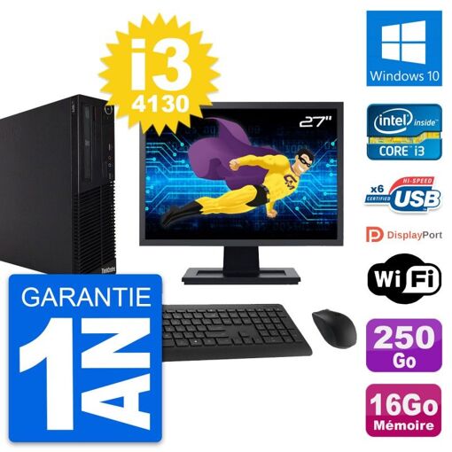 Computadora de escritorio Lenovo M73 SFF, pantalla de 27", procesador Intel i3-4130, 16 GB de RAM, disco duro de 250 GB, Windows 10, WiFi