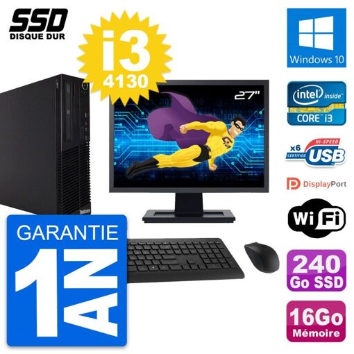 Lenovo M73 SFF Desktop Computer, 27" Screen, Intel i3-4130, 16GB RAM, 240GB SSD, Windows 10, WiFi