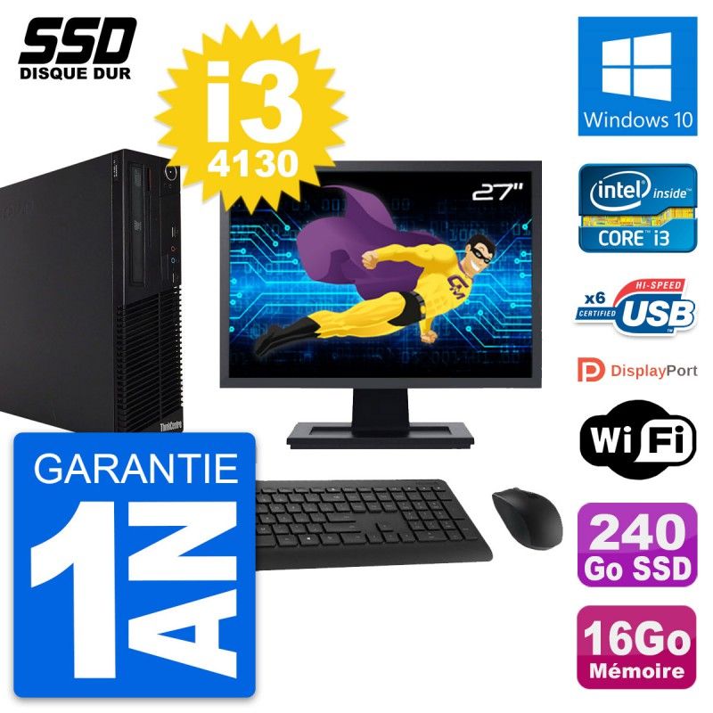 Lenovo M73 SFF Desktop Computer, 27" Screen, Intel i3-4130, 16GB RAM, 240GB SSD, Windows 10, WiFi