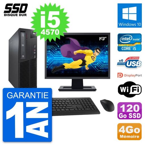 Computadora de escritorio Lenovo M73 SFF, pantalla de 19", procesador Intel i5-4570, 4 GB de RAM, SSD de 120 GB, Windows 10, WiFi