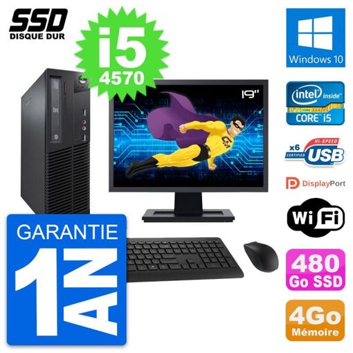 Lenovo M73 SFF Desktop Computer - 19" Screen, Intel i5-4570, 4GB RAM, 480GB SSD, Windows 10, WiFi