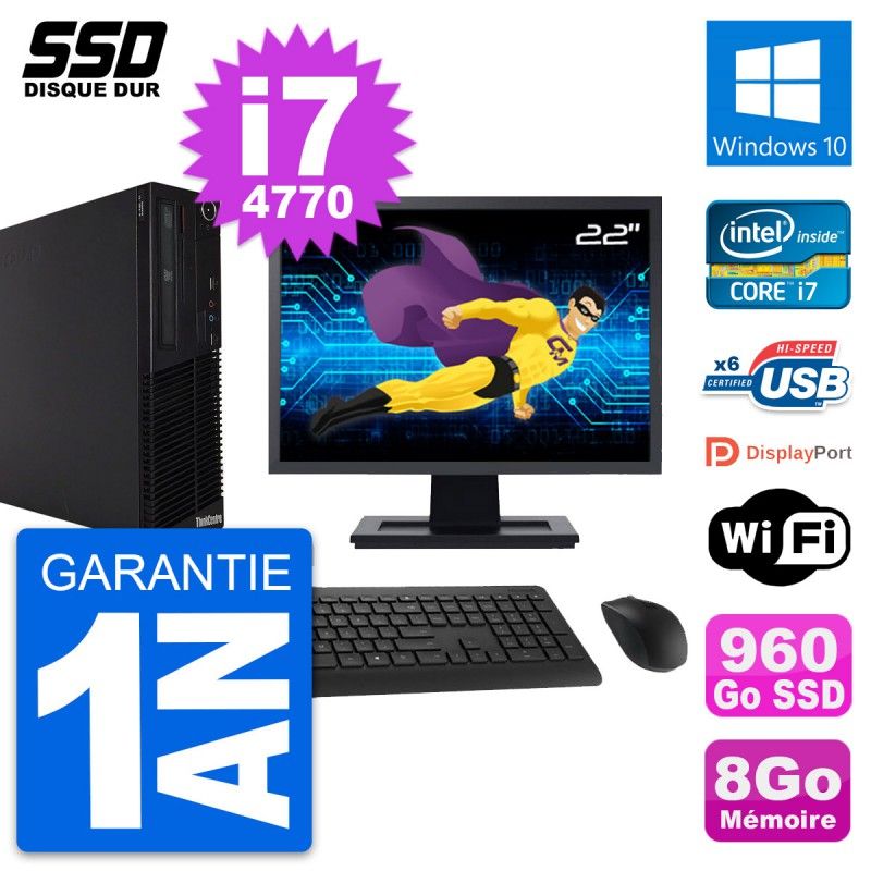 Lenovo M73 SFF Desktop Computer - 22" Screen, Intel i7-4770, 8GB RAM, 960GB SSD, Windows 10, WiFi