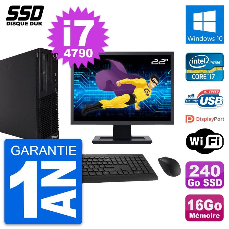 Lenovo M73 SFF Desktop Computer - 22" Screen, Intel i7-4790, 16GB RAM, 240GB SSD, Windows 10, WiFi