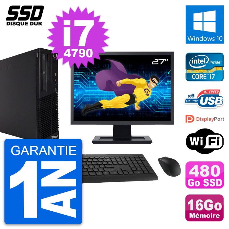 Lenovo M73 SFF Desktop PC - 27" Screen, Intel i7-4790, 16GB RAM, 480GB SSD, Windows 10, WiFi