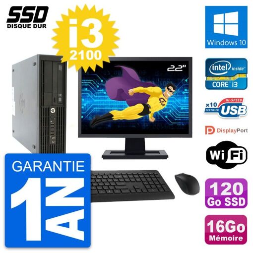 HP Z210 SFF Desktop Computer, 22" Screen, Intel Core i3-2100, 16GB RAM, 120GB SSD, Windows 10, WiFi