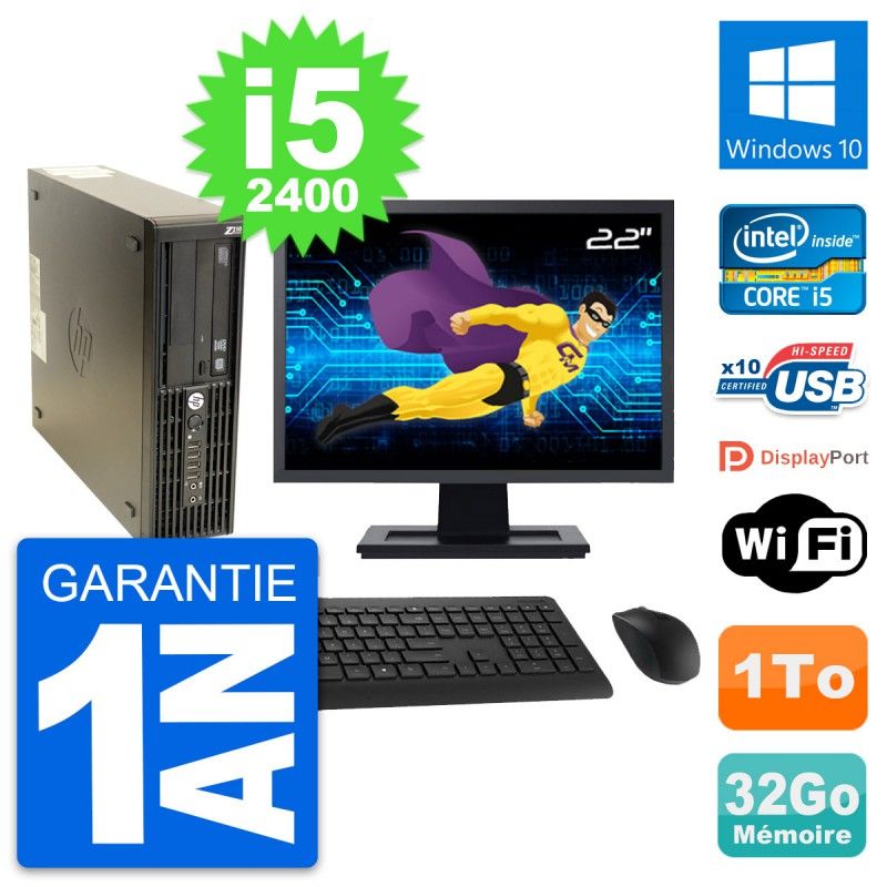Station de travail HP Z210 SFF | Écran 22'' | Processeur Intel Core i5-2400 | 32 Go de RAM | Disque dur 1 To | Windows 10 | Wifi