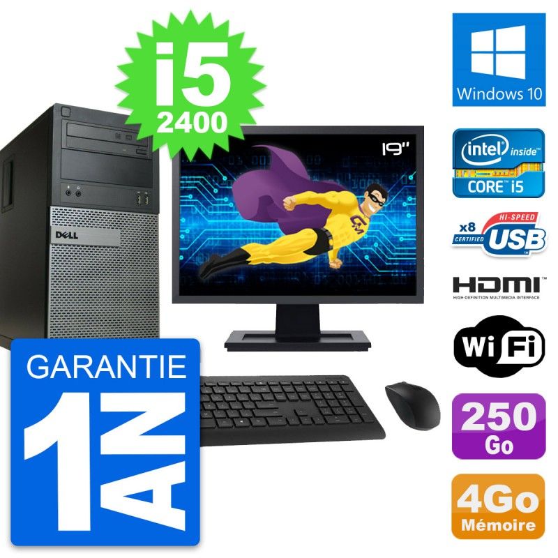 Ordinateur de bureau Dell Optiplex 390 MT - Écran 19'', Intel Core i5-2400, 4 Go RAM, 250 Go SSD, HDMI, Wi-Fi, Windows 10