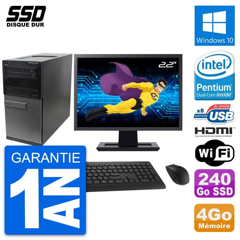 Dell Optiplex 390 MT Desktop PC - 22" Screen, Intel Pentium G630, 4GB RAM, 240GB SSD, HDMI, Windows 10, Wi-Fi