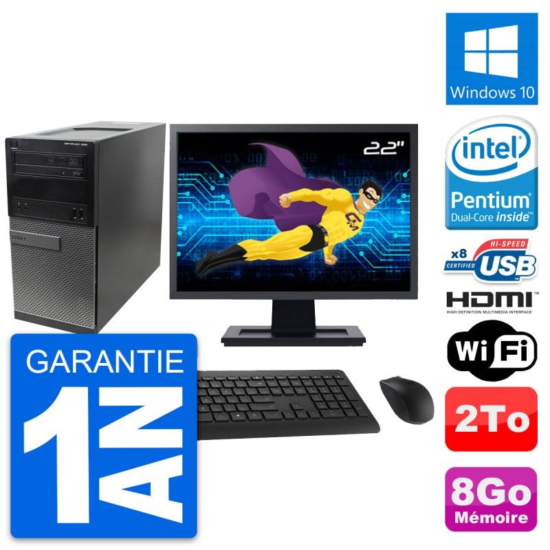 Dell Optiplex 390 MT Desktop PC - 22" Screen, Intel Pentium G630, 8GB RAM, 2TB HDD, Windows 10, WiFi