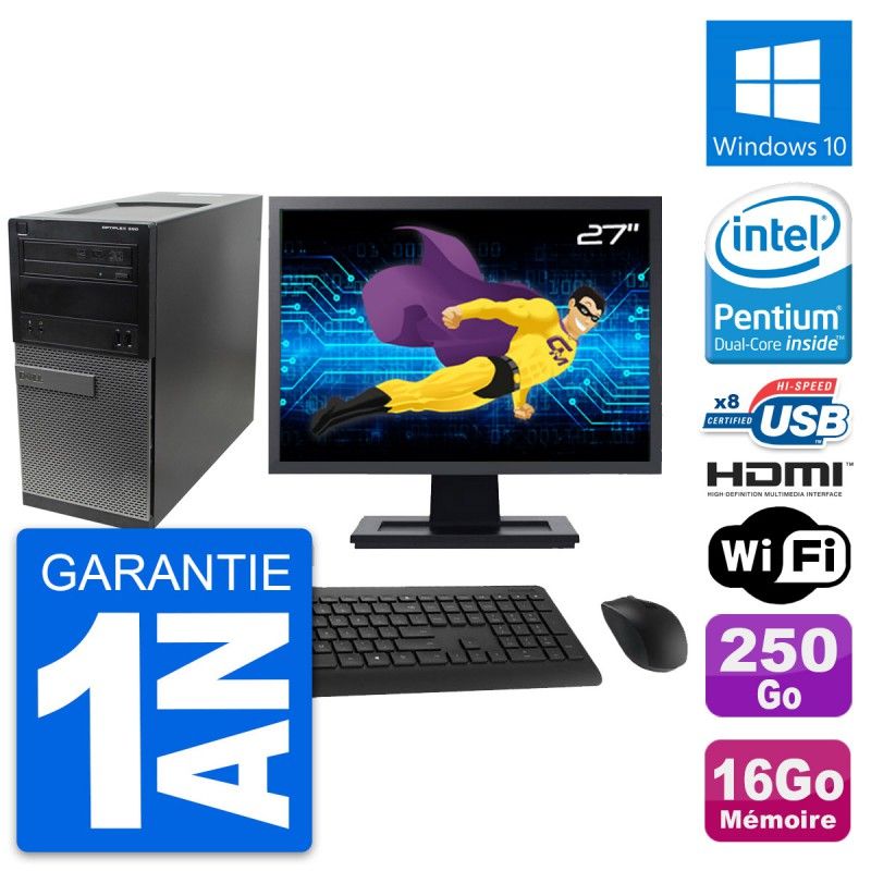Ordinateur de bureau Dell Optiplex 390 MT - Écran 27'', Processeur Intel Pentium G630, 16 Go RAM, Disque dur 250 Go, HDMI, Windows 10, Wifi