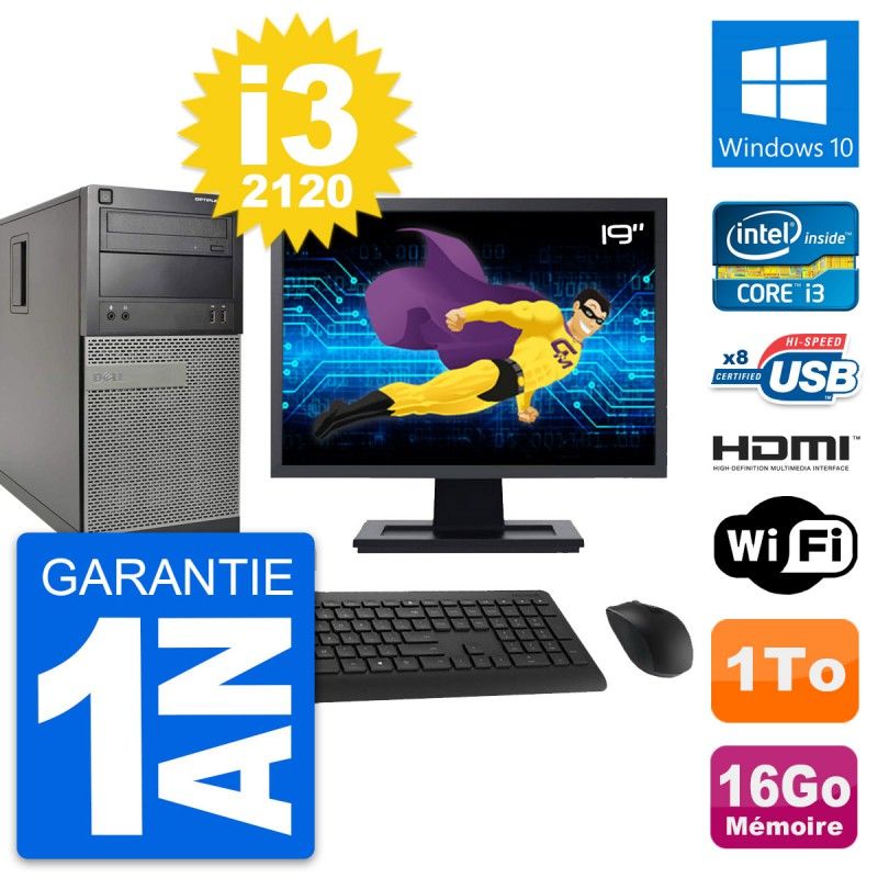 Dell Optiplex 390 MT Desktop PC - 19" Screen, i3-2120, 16GB RAM, 1TB HDD, HDMI, Wi-Fi, Windows 10