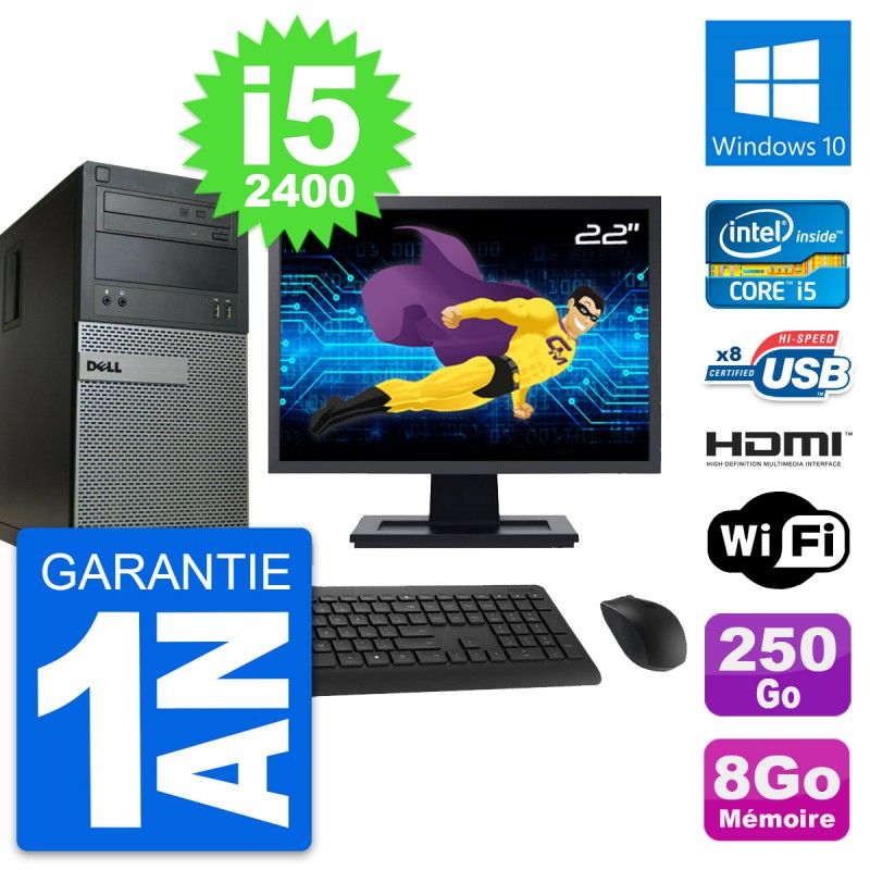 Dell Optiplex 390 MT Desktop PC - 22" Screen, i5-2400, 8GB RAM, 250GB HDD, HDMI, WiFi, Windows 10