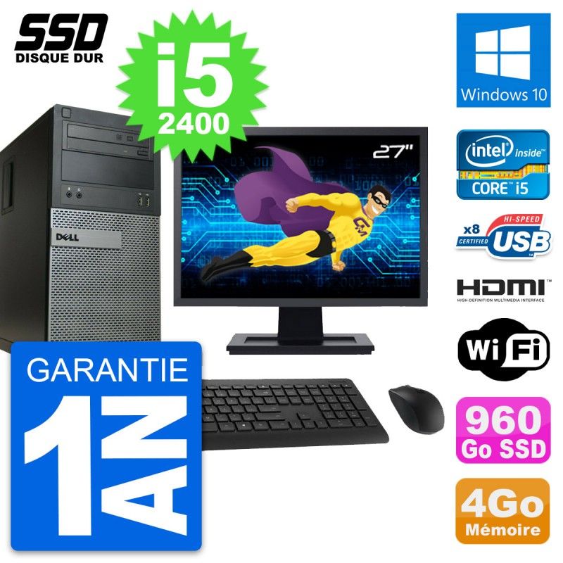 Dell Optiplex 390 MT Desktop Computer, 27" Screen, i5-2400 CPU, 4GB RAM, 960GB SSD, HDMI, Wi-Fi, Windows 10